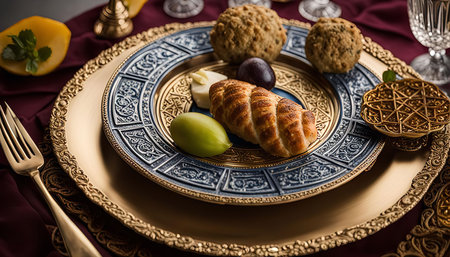 A still life photo showcasing a luxurious table setting with golden plates, ornate designs, and a delicious pastry. The centerpiece is a beautiful plate adorned with intricately golden details, holding a freshly baked pastry, a plump plum, and a green fruit.の写真素材