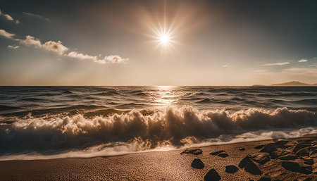 A beautiful view of a serene ocean sunset with gentle waves crashing on the sandy shore. The golden light of the sun illuminates the sky and water creating a peaceful and tranquil scene.の写真素材