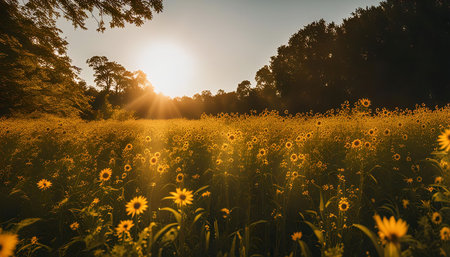 A captivating image of a vibrant field of sunflowers bathed in the golden light of a setting sun. The sun's rays create a mesmerizing effect, highlighting the beauty of the blooms and the surrounding landscape.の写真素材