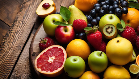 A close-up of a variety of fresh fruits arranged on a wooden table. The colors and textures of the fruit create a vibrant and inviting image.の写真素材