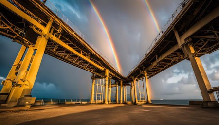 A double rainbow arches over a bridge, creating a vibrant and captivating scene.の写真素材