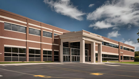A modern brick building with columns and large windows. It has a professional and contemporary design, perfect for a business or office.の写真素材