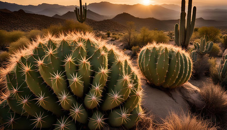 A close-up view of a cactus in the desert with the sun setting behind distant mountains.の写真素材