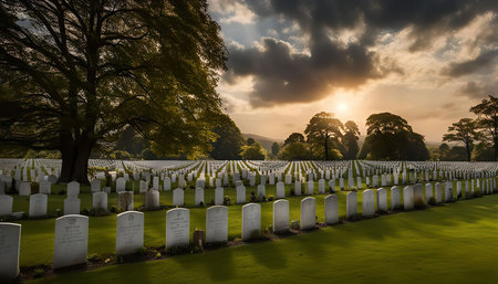 A peaceful sunset over a military cemetery. Rows of white headstones line the grassy field, under a...