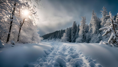 A snowy path winds through a snow-covered forest with sunlight breaking through the trees.の写真素材