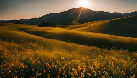 A breathtaking sunset illuminates rolling hills covered in golden grass, creating a serene and tranquil scene. The warm colors and soft light create a sense of peace and wonder.の写真素材