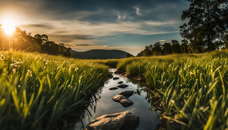 A serene meadow with a small stream flowing through it, the sun setting in the background casting a golden glow over the green grass and trees.の写真素材