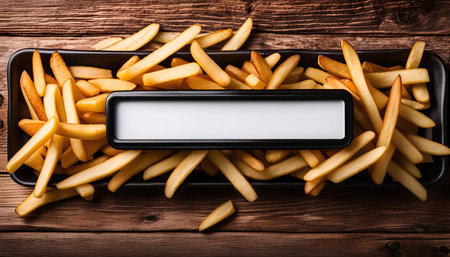 A plate of golden french fries with a blank sign in the middle. The fries are arranged in a neat pattern and the sign is a perfect blank canvas for any message or advertisement.の写真素材