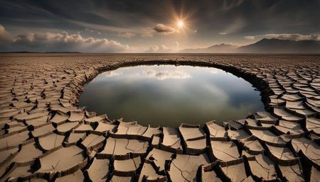 A small pool of water in a cracked desert landscape, a solitary oasis in a barren environmentの写真素材