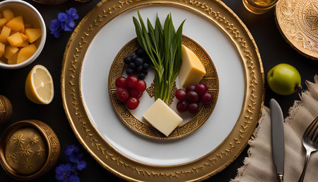 A beautifully arranged cheese plate with grapes, herbs and a gold rimmed plate. The plate is set against a black background with other decorative elementsの写真素材