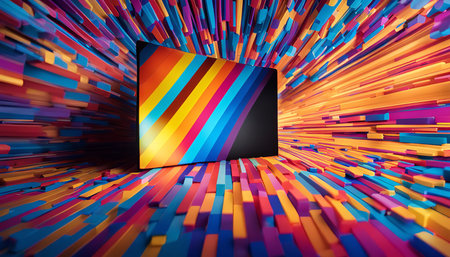 An abstract digital artwork with colorful stripes and shapes creating a vibrant and dynamic...