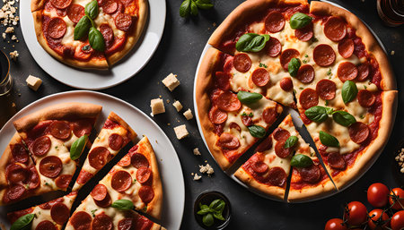A close-up overhead shot of three pepperoni pizzas with basil on a dark background.の写真素材