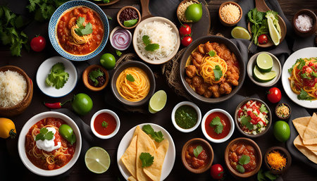 A colorful and mouthwatering array of Mexican dishes, including spaghetti with chili sauce, salsa, tortillas, and lime wedges, set on a wooden table. This vibrant spread is a testament to the richness and diversity of Mexican cuisine.の写真素材