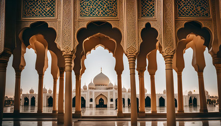 A grand mosque courtyard in the Middle East. The intricately arches and ornate patterns create a sense of awe and reverence, showcasing the beauty and artistry of Islamic architecture.の写真素材