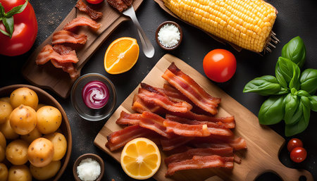 A close up overhead shot of crispy bacon on a wooden cutting board with fresh ingredients such as corn, potatoes, tomatoes, onion, and orange slices.の写真素材