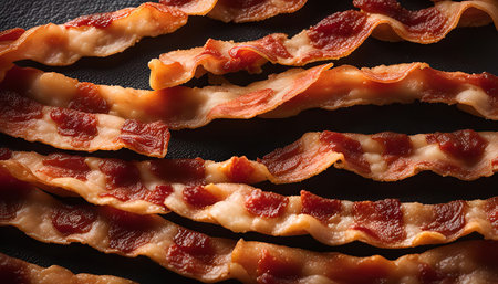 Close up shot of crispy bacon strips on a dark surface.の写真素材