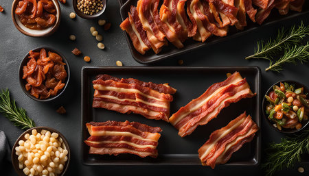 A flat lay showcasing crispy bacon strips on a black plate. The image is styled with other ingredients such as beans, spices, and herbs, enhancing its visual appeal.の写真素材