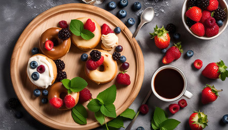 A delicious array of glazed donuts topped with fresh berries and a cup of coffee, perfect for a sweet breakfast or afternoon treat.の写真素材