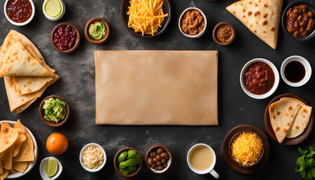 A flat lay image of various ingredients for Mexican cuisine, including tortillas, salsa, cheese, guacamole, beans, sour cream, and lime. The ingredients are arranged around a blank brown surface, perfect for recipe inspiration.の写真素材