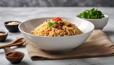 A white bowl of noodles on a marble table, topped with spices and herbs, a burlap napkin in the...