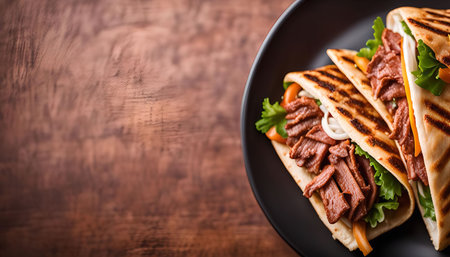 Three grilled pitas filled with steak, peppers, and lettuce are arranged on a black plate on a wooden table, showing a close-up view of the ingredients.の写真素材