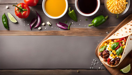 A delicious burrito with assorted toppings on a rustic wooden table.の写真素材