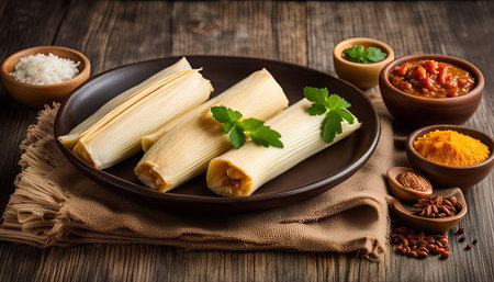 A plate of delicious Mexican tamales with traditional garnishes, including salsa, chili, rice, and spices, on a rustic wooden table.の写真素材
