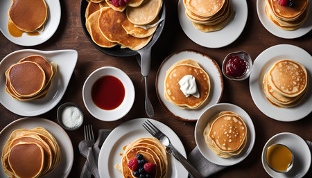 A delicious spread of golden brown pancakes stacked high and served with a variety of toppings, ready for a delightful breakfast feast.の写真素材
