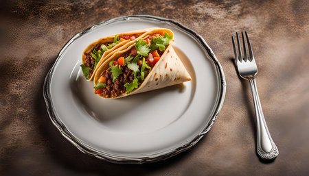 A close-up of a delicious taco on a white plate with a fork.の写真素材