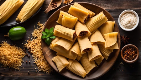 A delectable array of tamales arranged on a rustic wooden table. The corn husks are steamed to perfection, revealing the savory filling within. Accompanied by fresh pepper, spices, and a wooden spoon, this visual feast captures the essence of Mexican cuisine.の写真素材