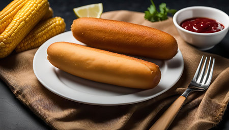 Two golden brown corn dogs lie on a white plate, a fork and a bowl of ketchup sits nearby. A bunch of corn sits in the background, creating a delicious culinary scene.の写真素材