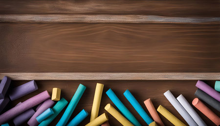 A flat lay image of colorful chalk sticks on a wooden background, a perfect visual for art, learning, and creative expression.の写真素材