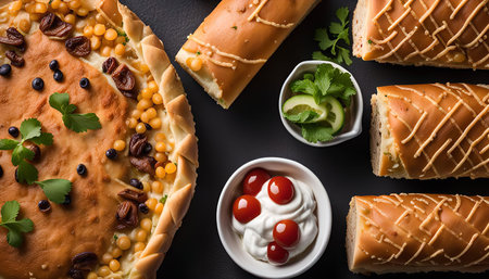 A close-up shot of a variety of baked goods, including a large pie with a decorative crust and smaller bread rolls with a sweet glaze. The image is well-lit and the food looks delicious and appealing.の写真素材