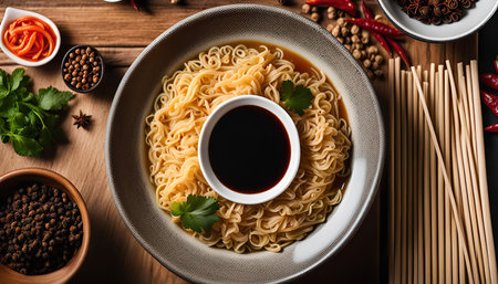 A close-up overhead shot of a bowl of noodles with soy sauce and chopsticks.の写真素材