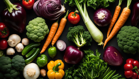 A vibrant still life featuring a variety of fresh vegetables, including broccoli, cauliflower, tomatoes, onions, carrots, peppers, lettuce, zucchini, garlic, and more. The vegetables are arranged in a visually appealing pattern and are illuminated by natural light.の写真素材