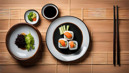 A close-up of a plate of salmon sushi rolls with chopsticks on a wooden table. The sushi rolls are arranged in a neat row on a black and white plate. There are also small bowls of soy sauce and wasabi.の写真素材
