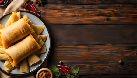 A plate of tamales on a wooden background with chili peppers, star anise, and other spicesの写真素材