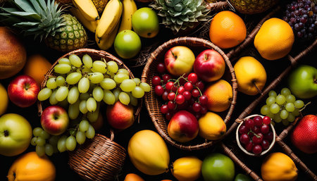 A variety of fresh fruits arranged in a beautiful still life composition. The image showcases a colorful array of apples, grapes, oranges, pineapples, mangoes, and other tropical fruits.の写真素材