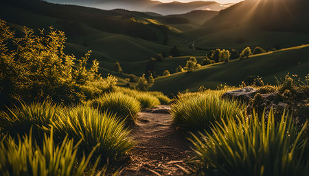 A winding path leads through rolling green hills bathed in the golden light of a setting sun.の写真素材