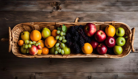 A wicker basket overflowing with a colorful variety of fresh fruits, including apples, pears, oranges, grapes, and blackberries, arranged artistically on a rustic wooden surface.の写真素材
