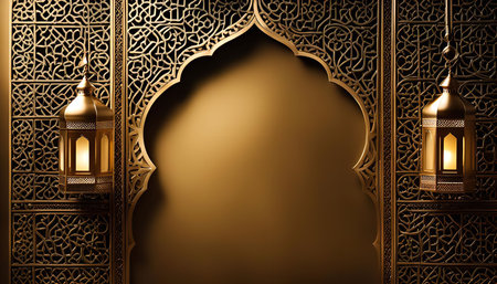 An intricately golden Arabic archway with detailed patterns and hanging lanterns. The archway creates a sense of grandeur and beauty, with a background that is perfect for adding text or other designs.の写真素材