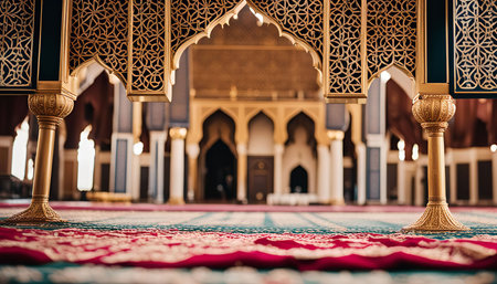 A close-up view of the intricately carvings and golden details of a Moroccan mosque, showing the beauty and artistry of Islamic architecture.の写真素材