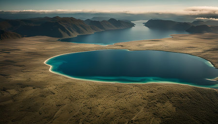 An aerial view of two pristine lakes surrounded by towering mountains, capturing the serene and tranquil beauty of nature.の写真素材