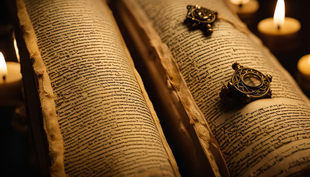 Close up of a very old book with worn pages, illuminated by flickering candlelight. The book is adorned with small brass ornaments and has a golden yellow hue.の写真素材