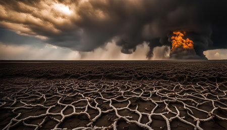 A dramatic, dark sky with storm clouds overhead looms over a dry, cracked earth with a network of white branches and roots. The scene evokes a sense of foreboding and the potential for a devastating storm.の写真素材