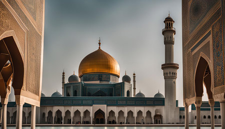 A majestic mosque with a golden dome and intricate patterns. It stands tall and proud, a testament to the beauty and grandeur of Islamic architecture.の写真素材