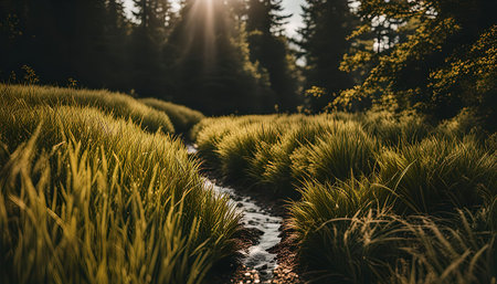 A sunlit path meanders through a lush green meadow, with a small stream flowing alongside it. The forest trees stand tall in the background, their branches reaching towards the sky.の写真素材