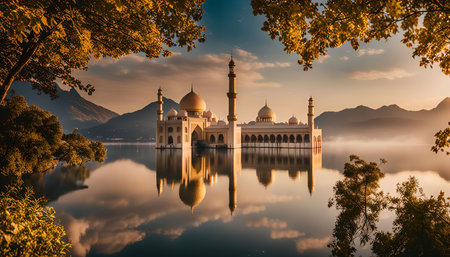 A serene view of a beautiful mosque situated on a calm lake, reflecting the golden hues of sunrise. The mosque's intricate architecture and the peaceful atmosphere create a breathtaking scene.の写真素材