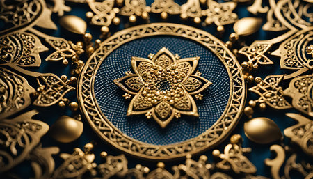 A close-up view of intricately gold filigree on a blue background, showing the intricate detail and craftsmanship of the art form.の写真素材