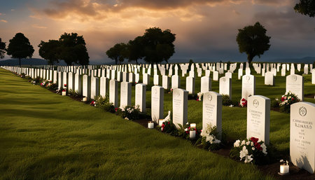 A serene sunset illuminates a military cemetery with rows of headstones, a solemn tribute to those...
